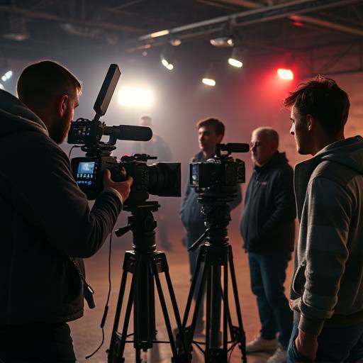 A film crew filming a scene with actors on a movie set